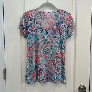 Lilly Pulitzer Pink Blue Koi Top Linen Shirt Round Neck Roll Tab Sleeve Size S